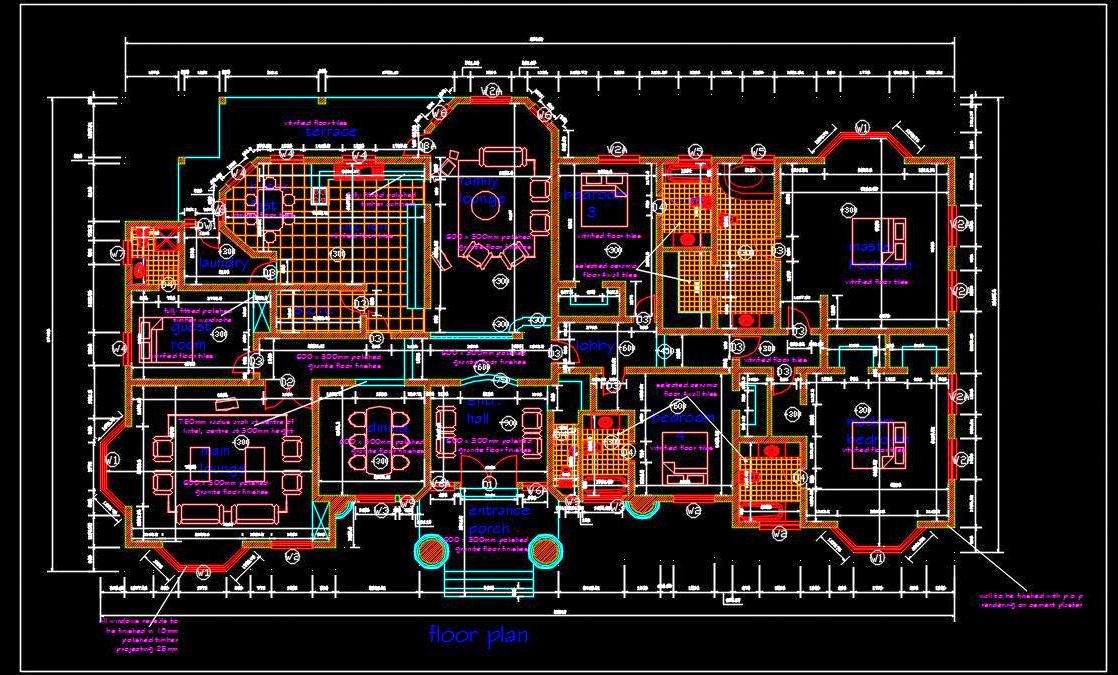 Spacious Bungalow Autocad Drawing with Detailed Floor Plan